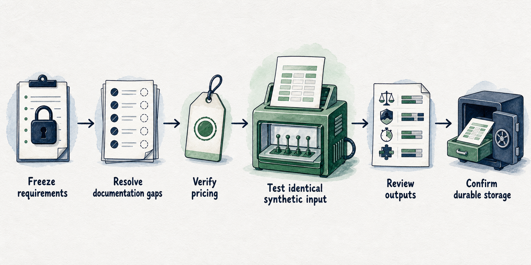 Six-step procurement sequence from freezing requirements through confirming durable storage.
