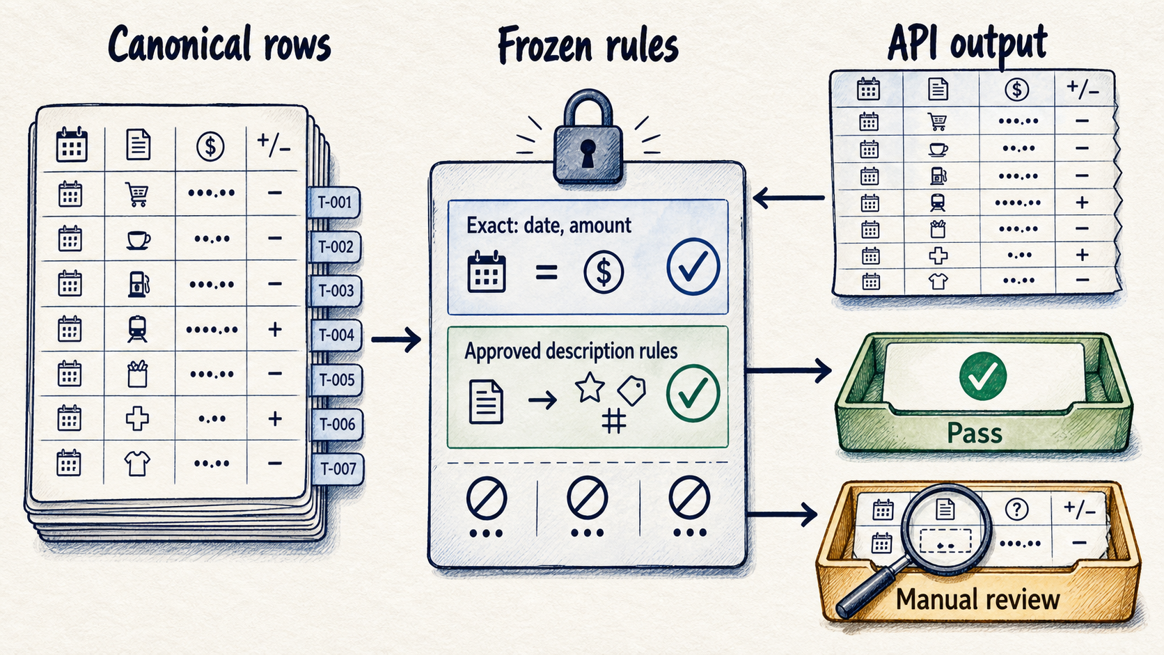 Frozen ground truth is compared with API output, while ambiguous matches go to manual review.