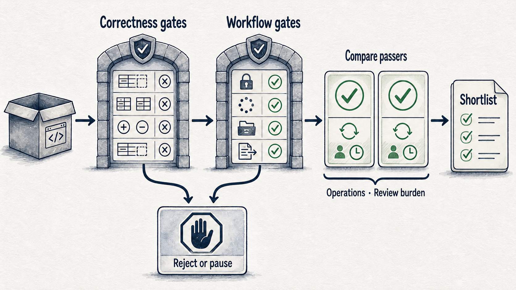 Candidates must pass correctness and workflow gates before review burden is compared.