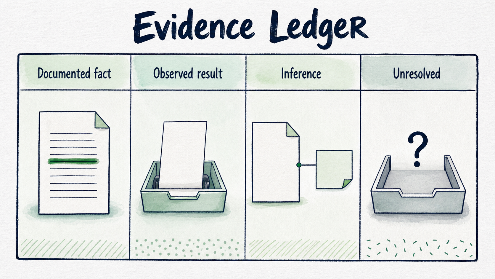 Four evidence-status cards distinguish documented facts, observed results, inferences, and unresolved fields.