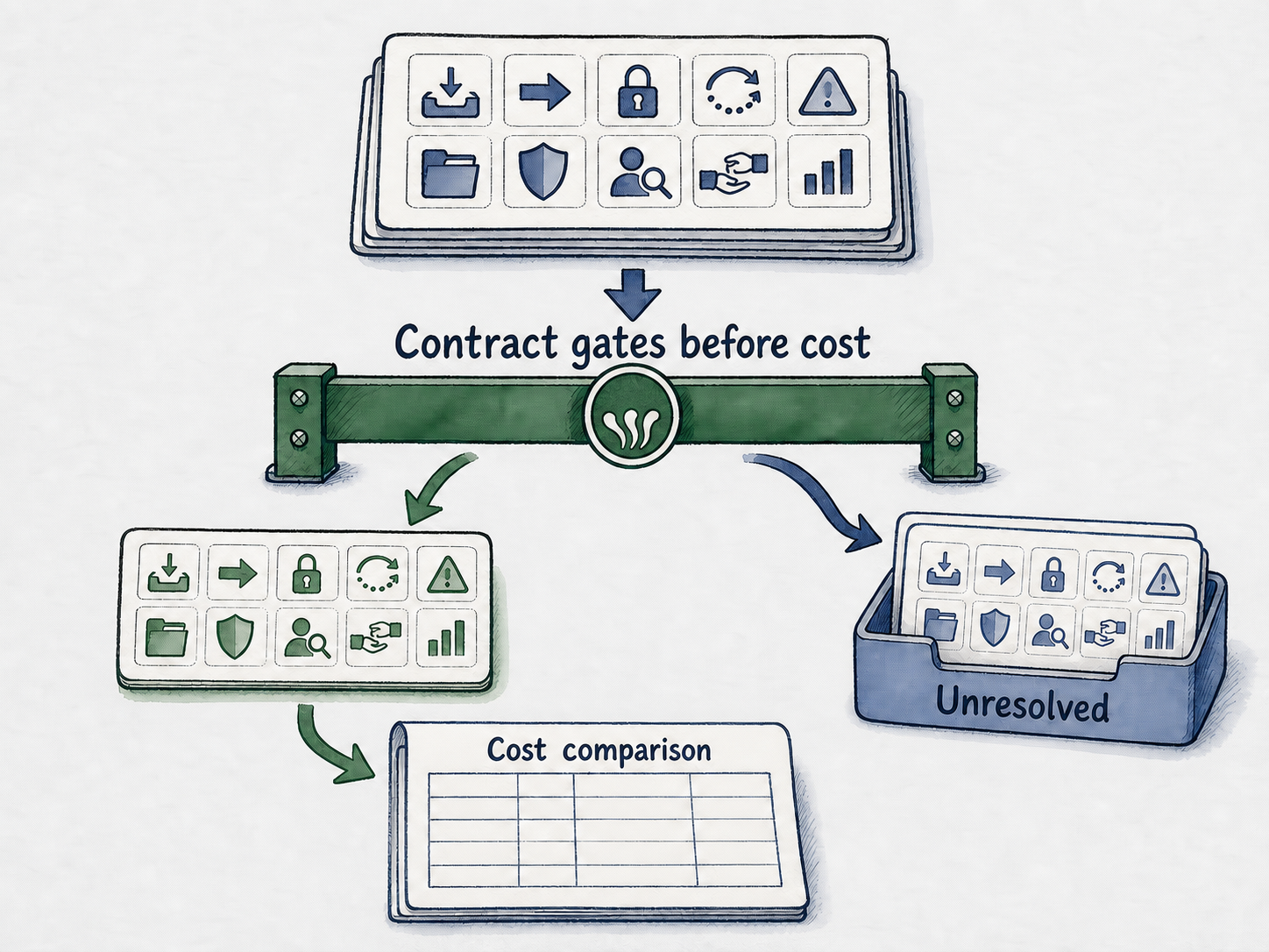 Mandatory workflow gates filter a candidate before cost comparison, with unanswered requirements held as unresolved.