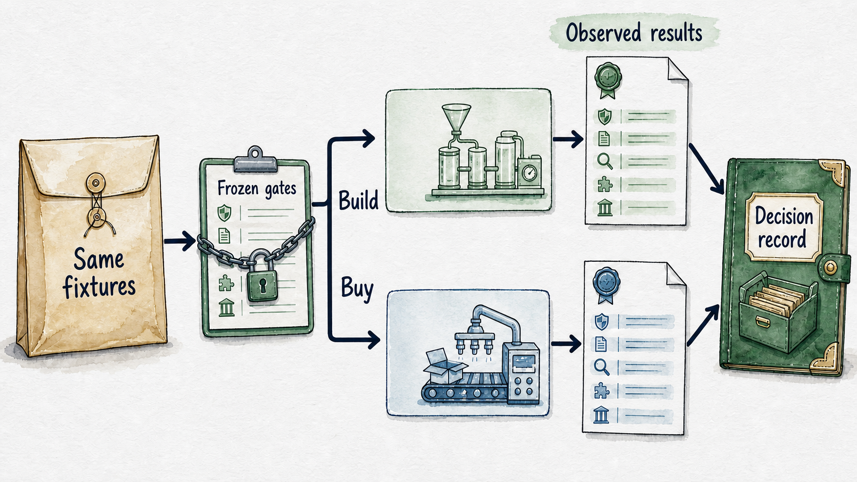 Identical fixtures and frozen gates feed build and buy tests, producing separate observed results for one decision record.