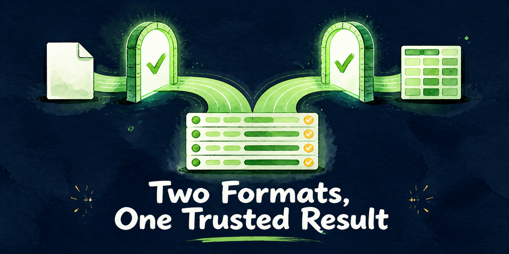 CSV and XLSX statement files converge through two validation gates into one clean transaction stream.