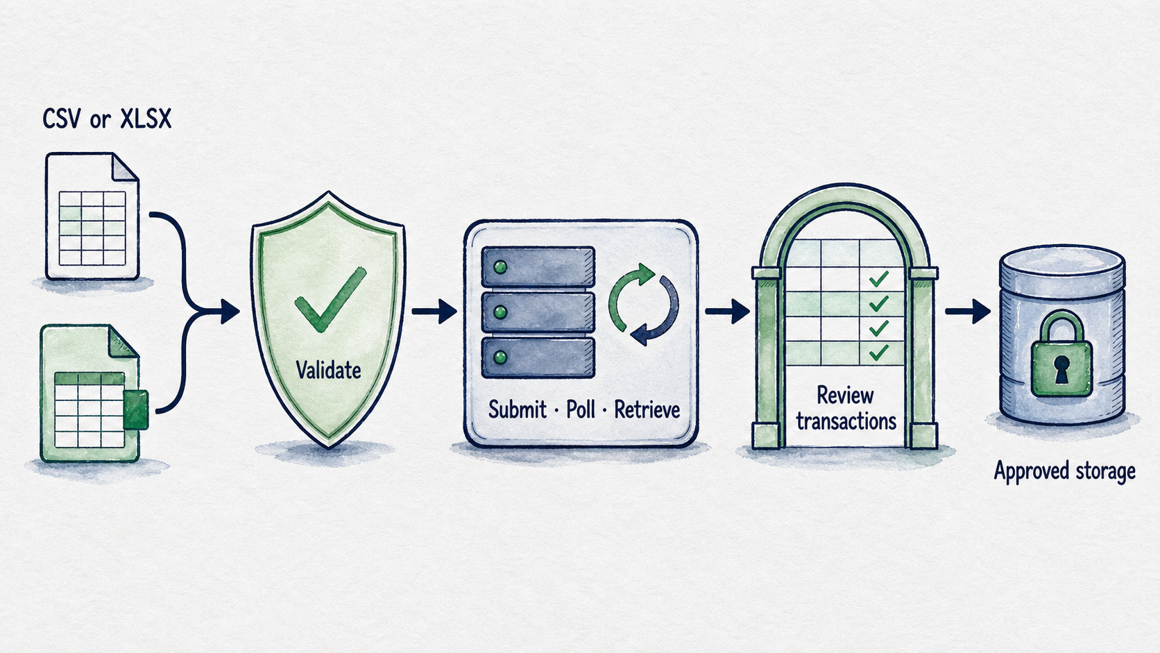 CSV and XLSX files pass validation, API processing, and transaction review before approved storage.