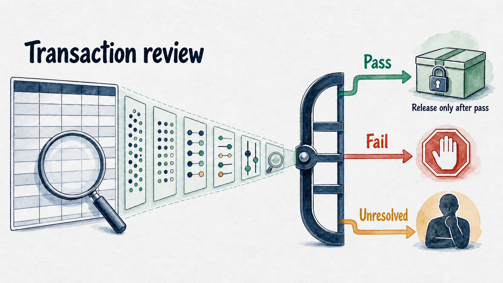 Reviewed transactions branch to pass, fail, or unresolved; only pass continues to approved storage.