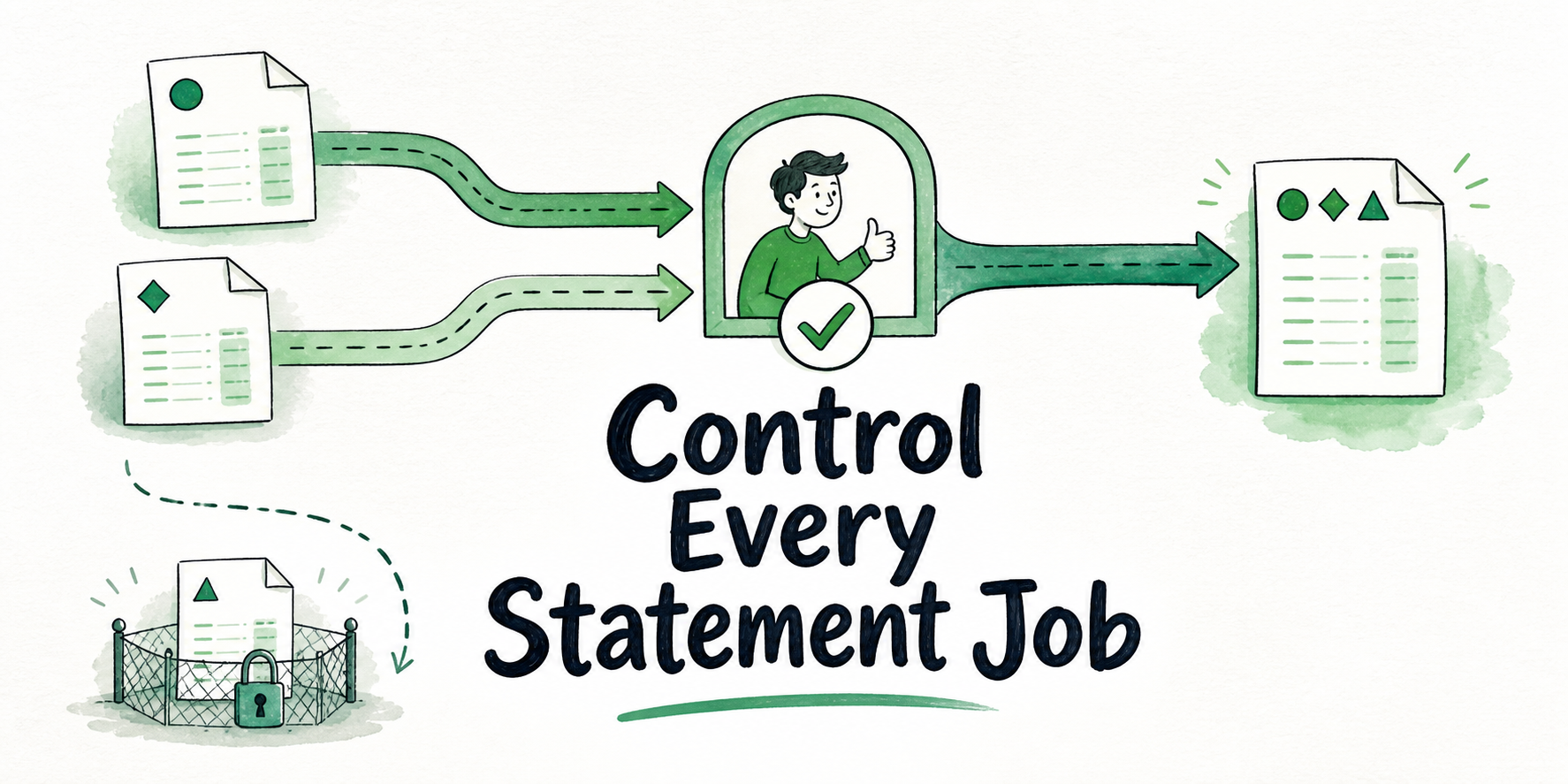 Independent statement files move through tracked jobs; only reviewed results converge into an approved export.