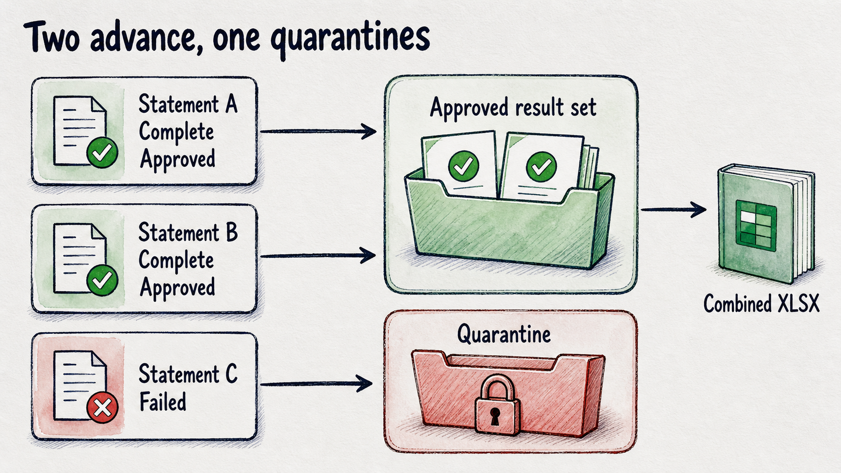 Statements A and B enter the approved set after review; failed Statement C moves to quarantine.