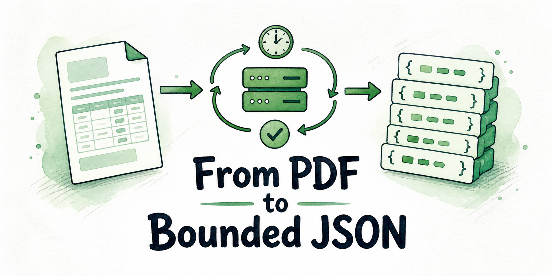 A PDF document moves through a bounded server-side loop and emerges as structured JSON transaction rows.
