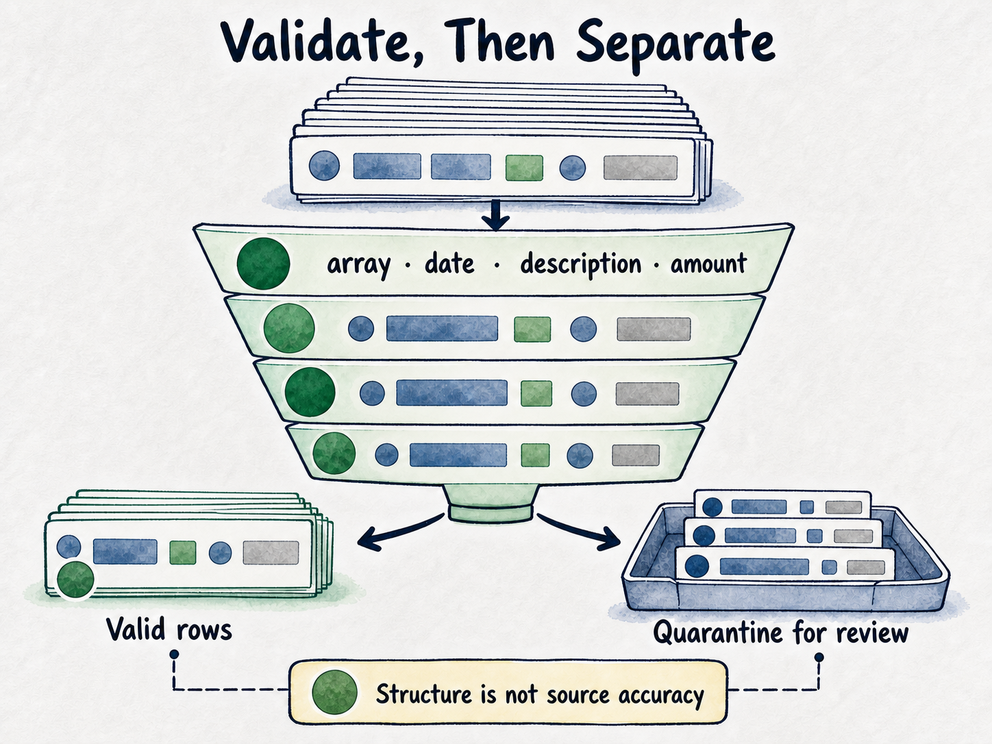 A transaction array passes through structural checks, separating usable rows from rows requiring review.