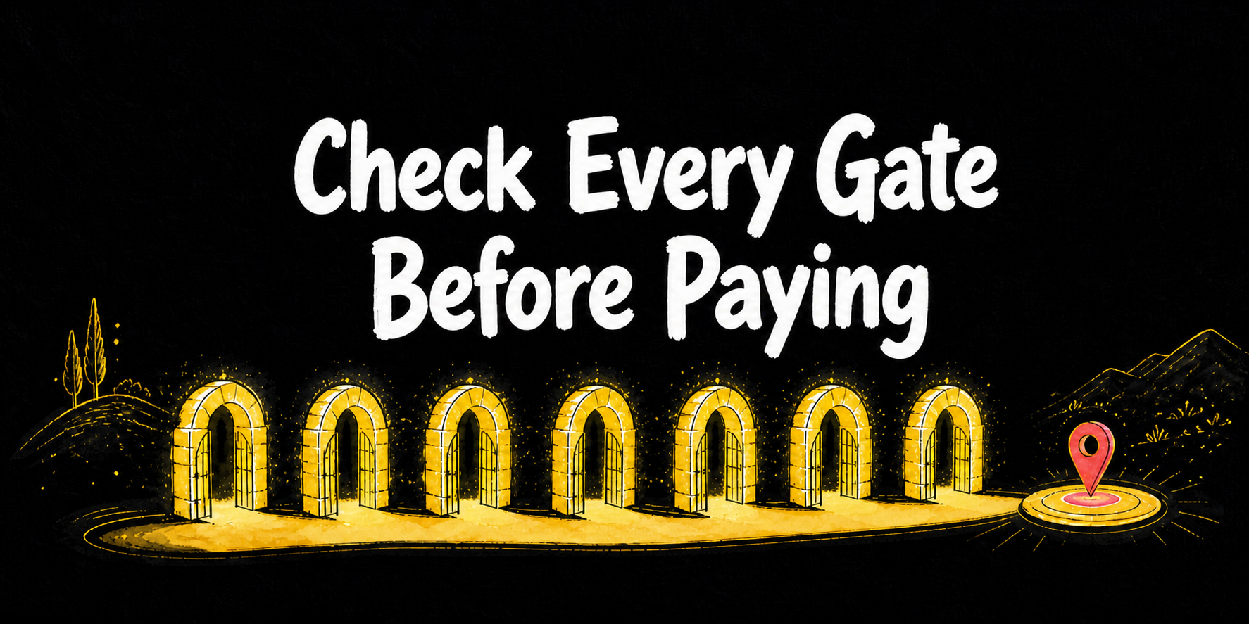 A discreet path passes through seven illuminated gates, emphasizing careful checks before paying for a profile-search service.