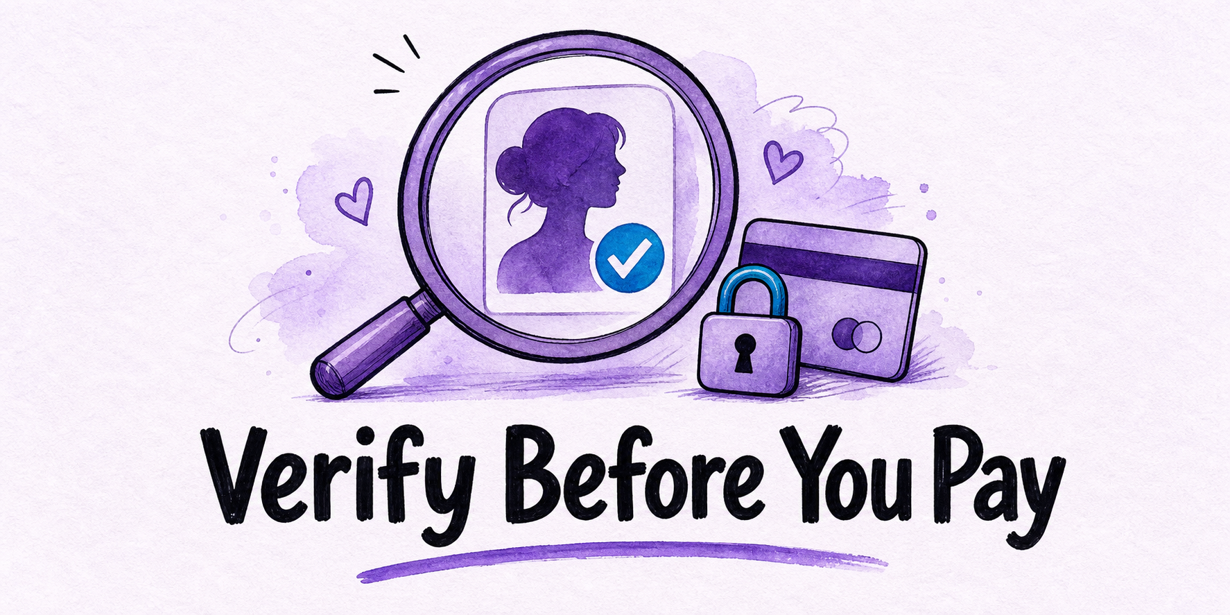 Hand-drawn editorial illustration for Verify Dating-Profile Search Terms Before You Pay