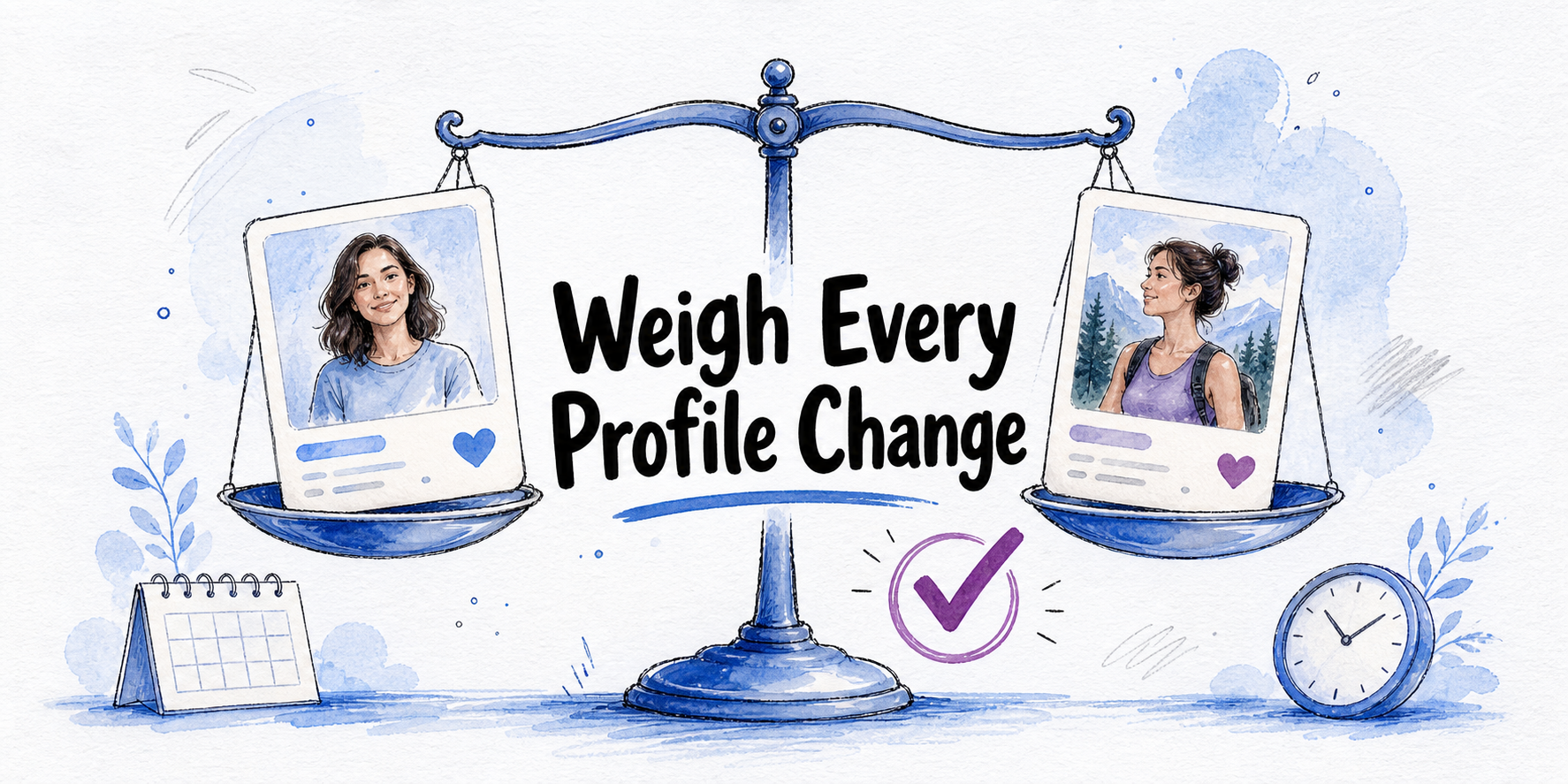Hand-drawn editorial illustration for Tinder Profile Updated Signs: Weigh Each Field