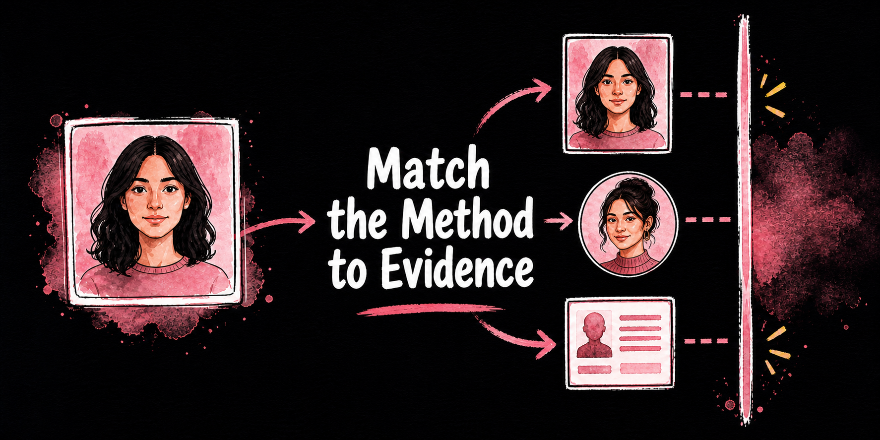 A single portrait branches toward an identical image, a similar face, and a profile candidate, each ending at an evidence boundary.