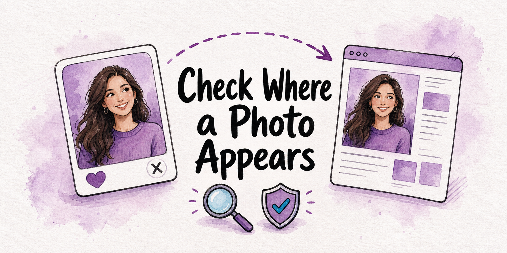 Hand-drawn editorial illustration for How to Reverse Image Search a Dating Profile Photo