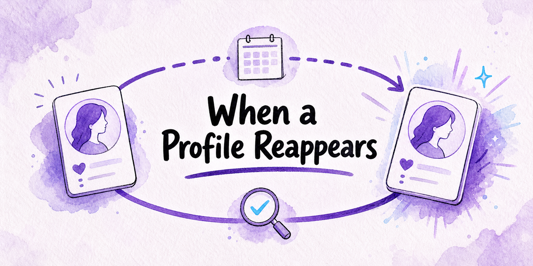 Hand-drawn editorial illustration for Dating Profile Reappeared After Months? Build a Timeline