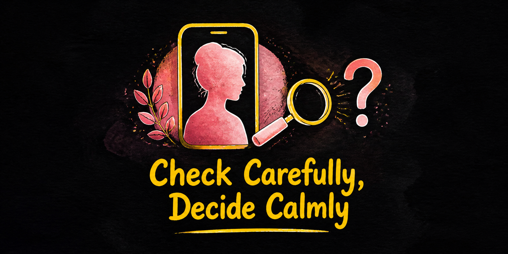 A phone-shaped search frame holds a softly outlined profile silhouette, while a magnifier pauses before an unresolved question mark.