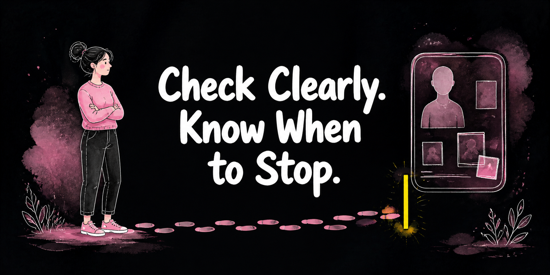 A person pauses beside a bounded search frame as a clear stop line turns uncertainty into a deliberate next decision.