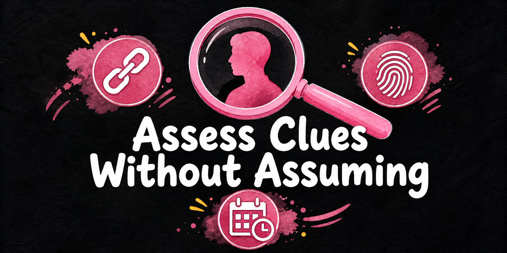 A magnifying glass examines separate source, identity, and date clues around an uncertain profile silhouette.