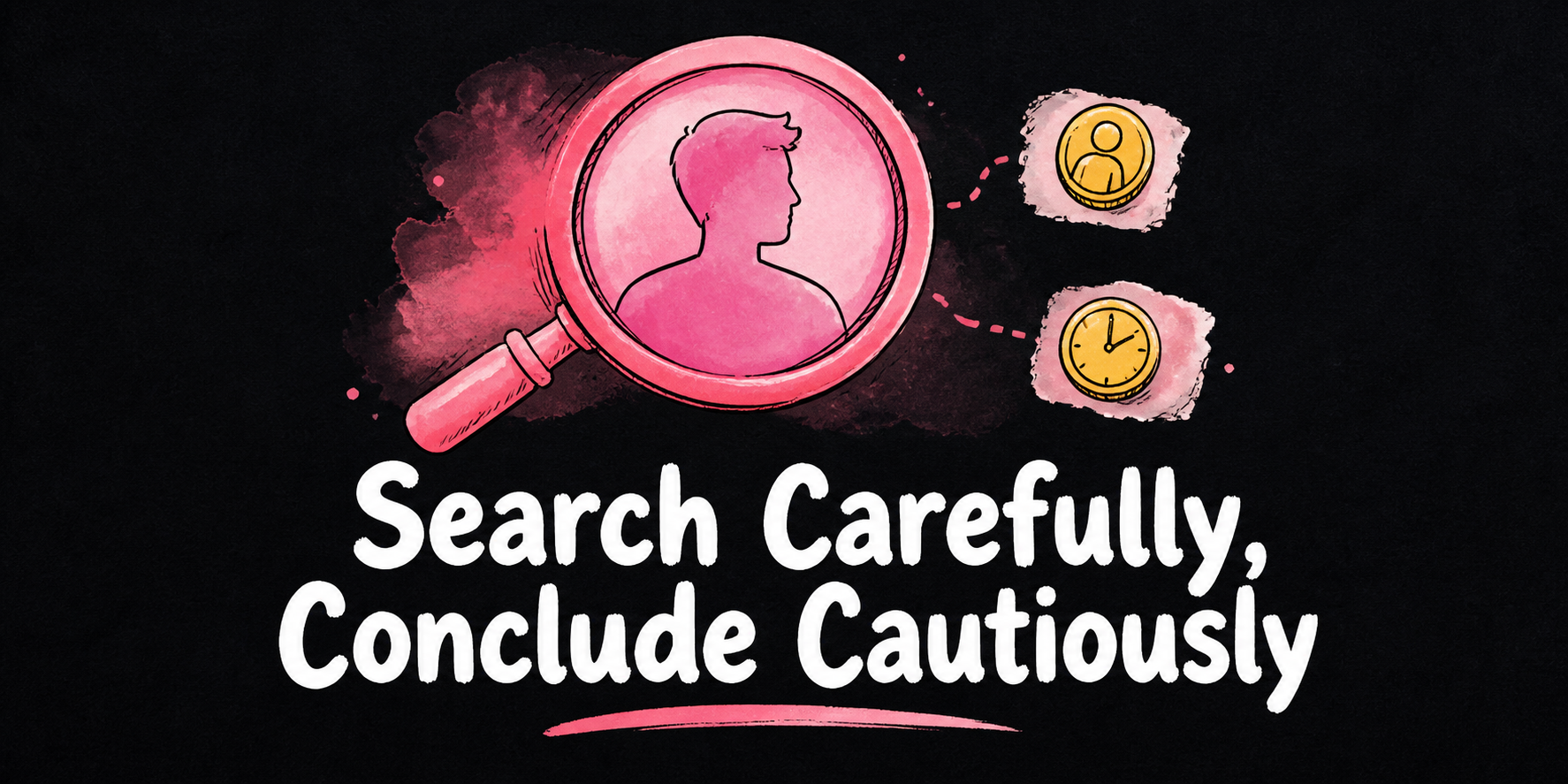 A magnifying glass examines a profile outline while separate identity and time markers remain visibly unresolved.