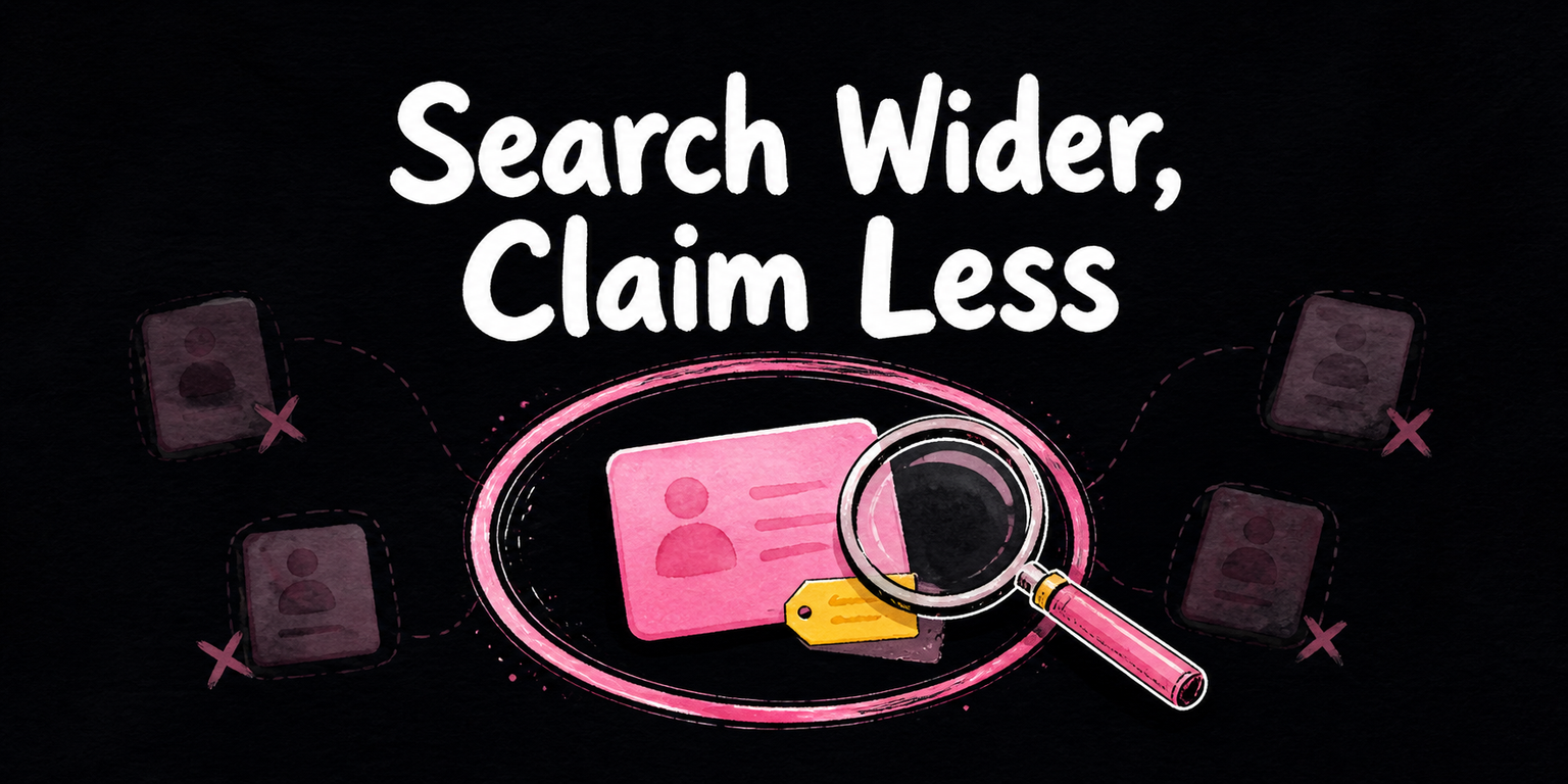 A responsibly sourced nickname card sits inside a clear search boundary beside a magnifier, signaling careful discovery without certainty.