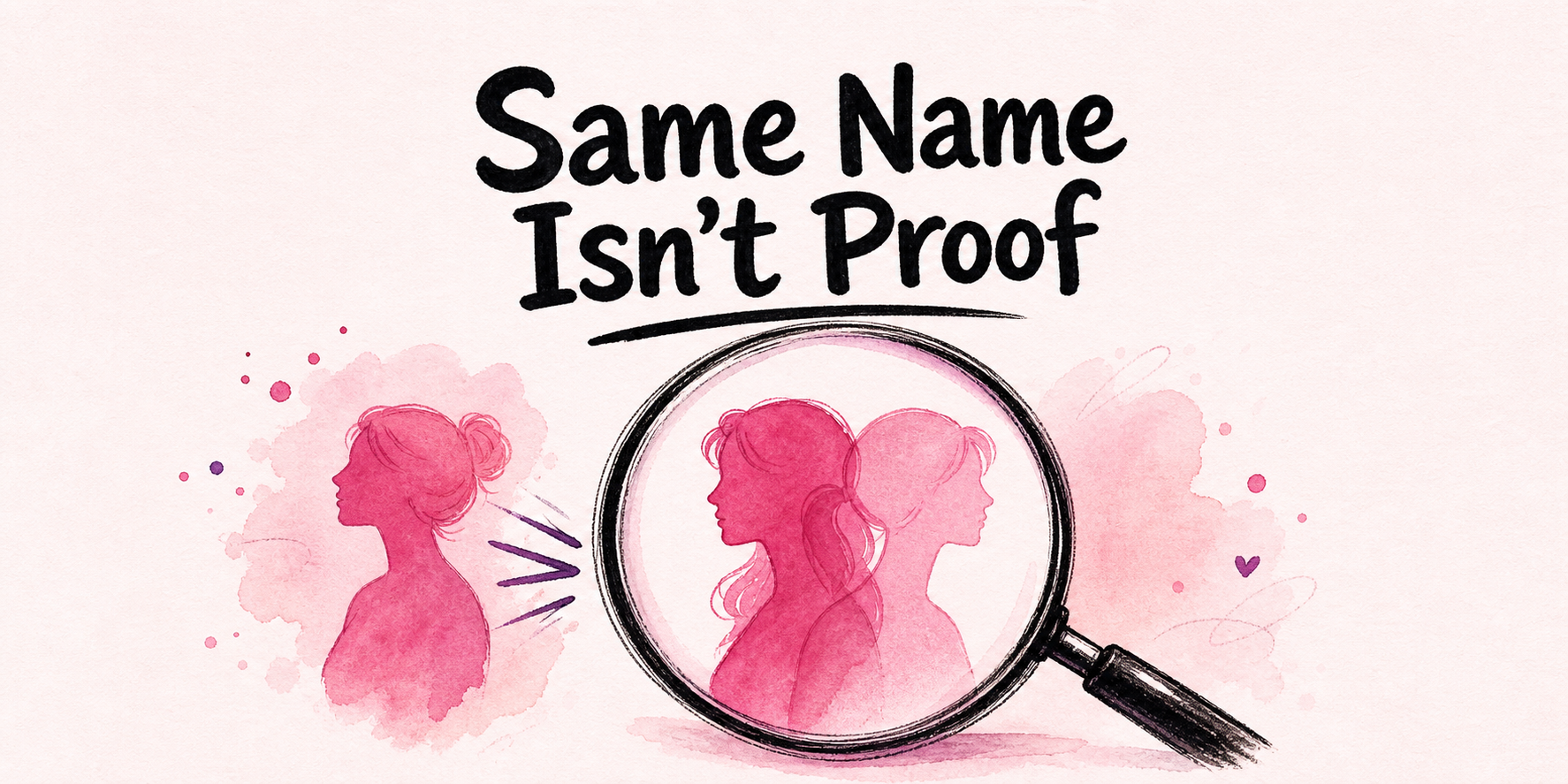 A magnifying glass separates three overlapping same-name profile silhouettes, pushing one contradicted candidate aside while leaving two un…